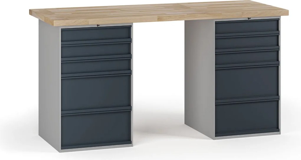 Dielenský pracovný stôl G7, buková škárovka, 2000 x 800 x 840 mm, 2x kontajner, 10 zásuviek, grafit
