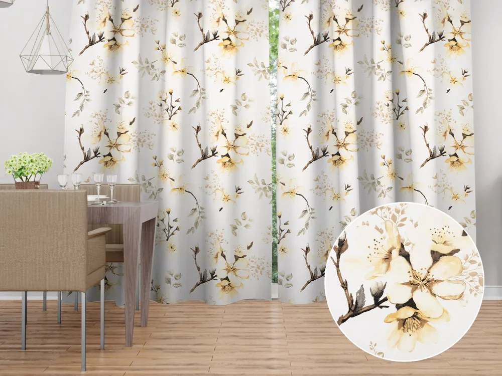 Biante Bavlnený záves Sandra SA-582 Žlté kvety s vetvičkami na bielom 150x140 cm