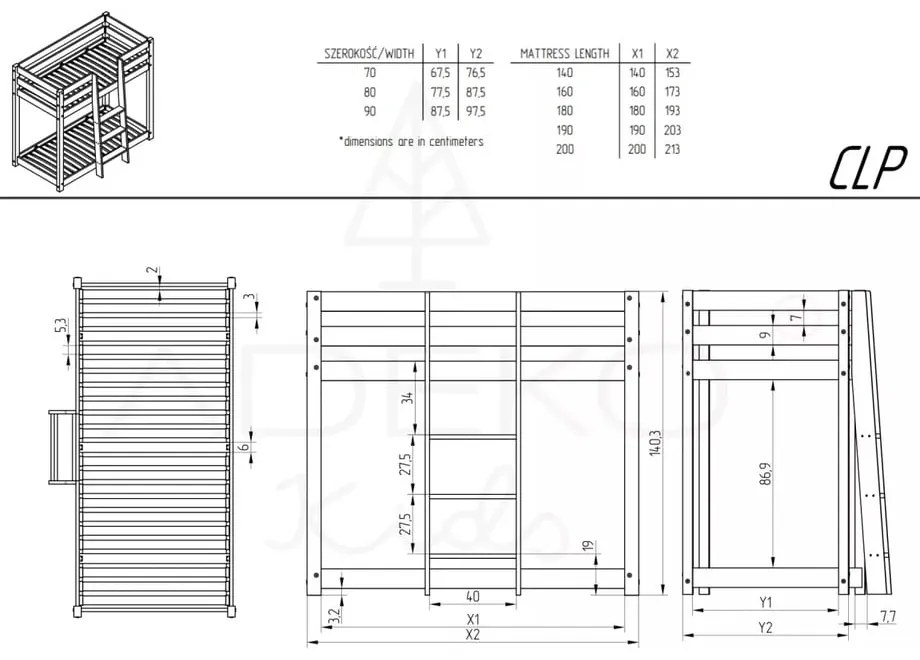 Poschodová detská posteľ z borovicového dreva 70x140 cm CLP - Adeko