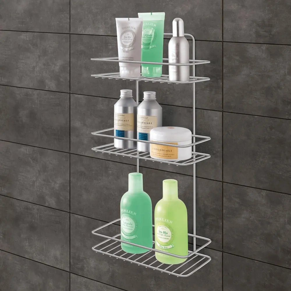 Závesná oceľová kúpeľňová polička bez vŕtania v lesklo striebornej farbe Luxy – Metaltex