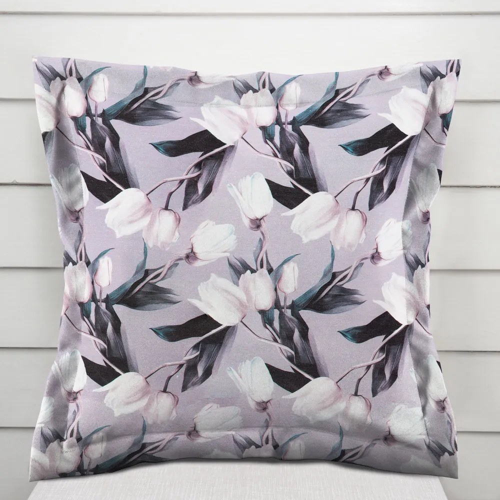 Biante Dekoračná obliečka na vankúš s lemom PML-034 Biele tulipány na sivom 60 x 60 cm