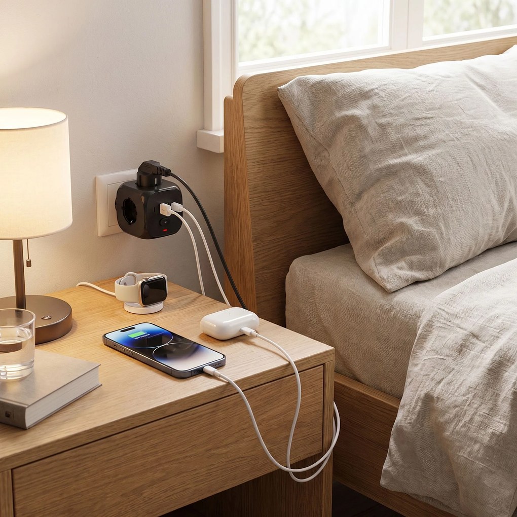 Toolight Toolight, JNH019, zásuvková kocka 7v1, 3 zásuvky + 2× USB-A + 2× USB-C, čierna, OSW-56304