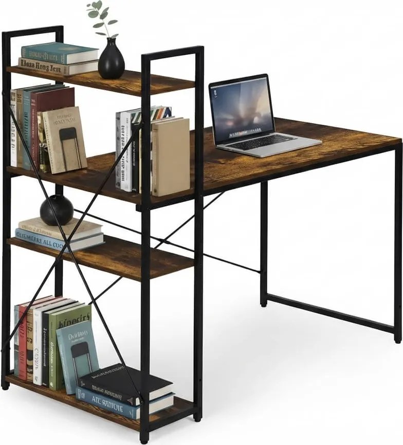 Písací stôl s regálom LOFTY 120x60 cm, čierny / rustikálne hnedý