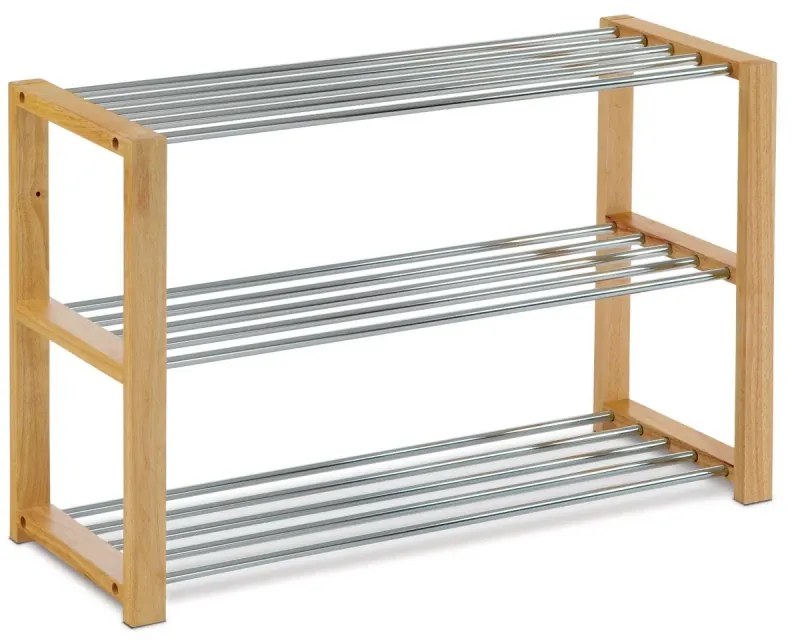 Botník, 3 kovové chromované police, masiv kaučukovník, přírodní odstín