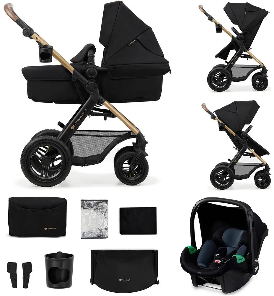 KINDERKRAFT-Kombinovaný kočík 3v1 MOOV 2 AIR Pure black + autosedačka MINK PRO
