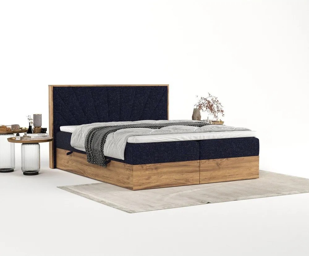 Boxspring posteľ s úložným priestorom v tmavomodro-prírodnej farbe 140x200 cm Asahi – Maison de Rêve
