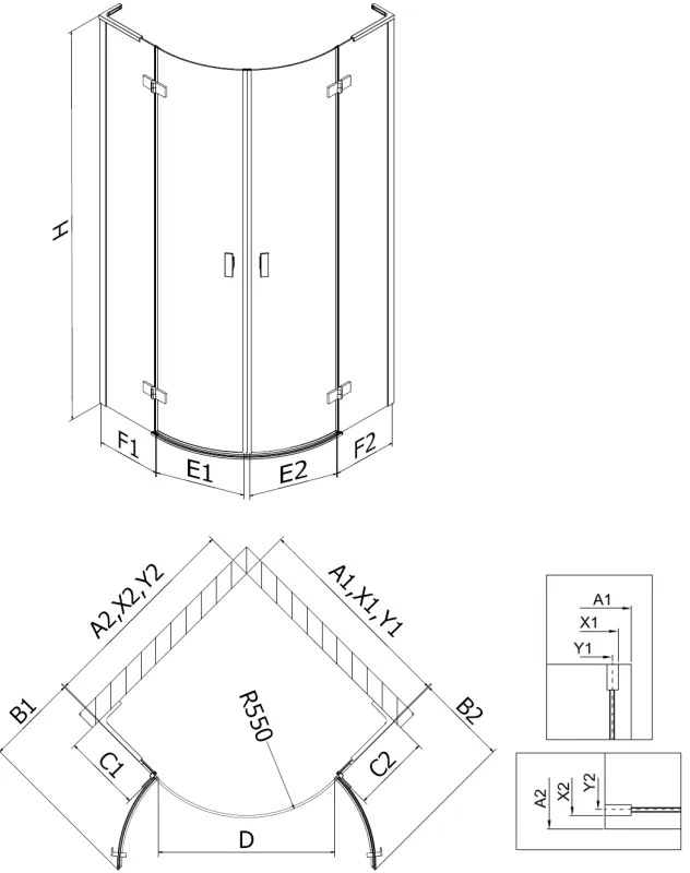 Mexen Mist L, štvrťkruhový sprchový kút s 2-krídlovými dverami, 90 x 90 cm, číre sklo, zlatý lesklý profil, 8A33L-090-090-50-00