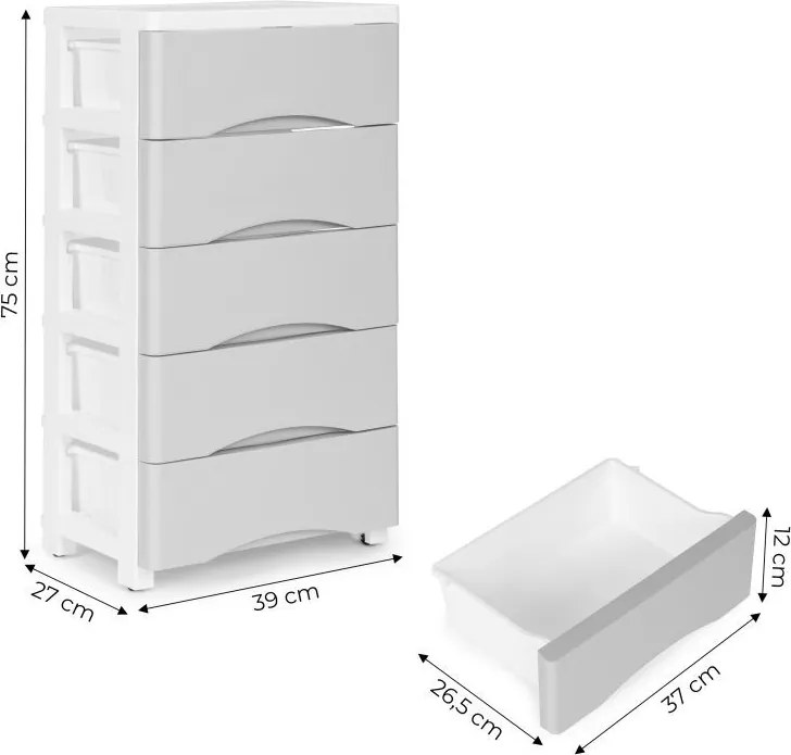 Polica s 5 výsuvnými zásuvkami, nohy s kolieskami, farebné zásuvky