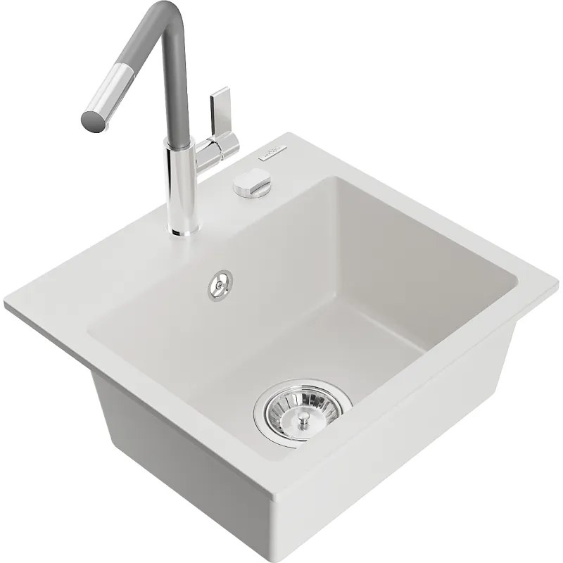 Mexen Milo, 1-komorový granitový drez 435x410x171 mm a drezová batéria Flora, biela, 6505-20-670401-06