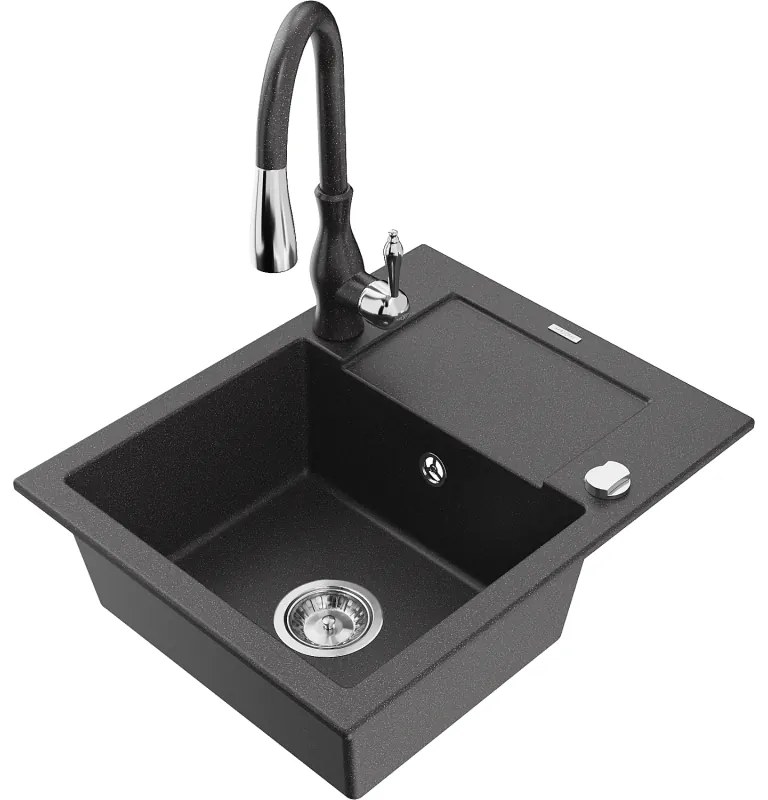 Mexen Enzo, 1-komorový granitový drez 576x465x174 mm a drezová batéria Savita, čierna škvrtnitá, 6506-76-672601-76