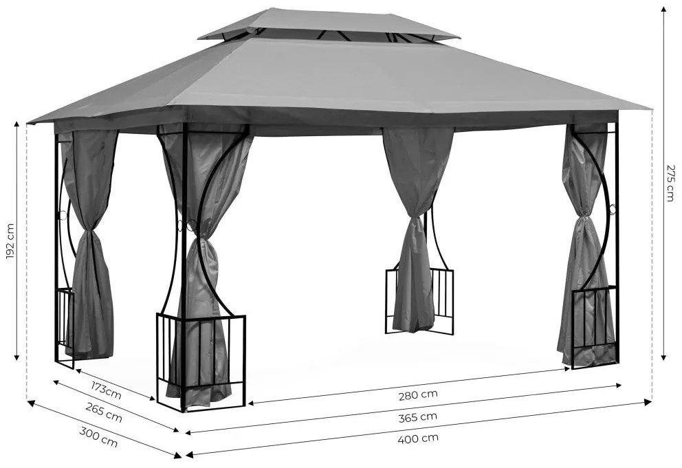 Záhradný pavilónový stan 4x3m - sivý - plné steny
