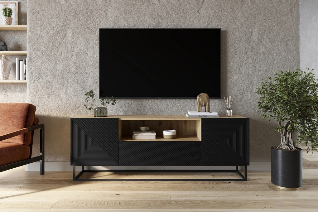 TV stolík Asha 167 cm na čiernom podstavci s otvorenou policou - artisan / čierny mat