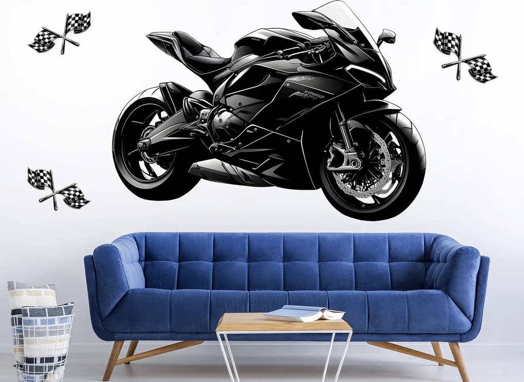 Čierna motorka textilní prelepiteľná nálepka na stenu hárok 47 x 33 cm