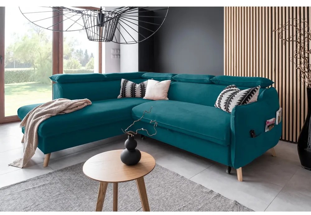 Tyrkysová zamatová rozkladacia rohová pohovka (ľavý roh) Sweet Harmony – Miuform