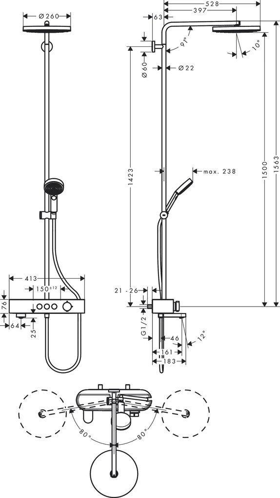 Hansgrohe Pulsify S, Showerpipe 260 1jet s vaňovým termostatom ShowerTablet 400, chrómová, HAN-24230000