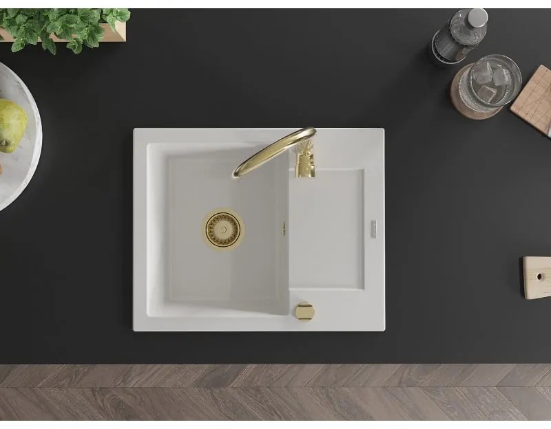 Mexen Enzo, granitový drez 576x465x174 mm, 1-komorový, biela so zlatým sifónom, 6506571005-20-G