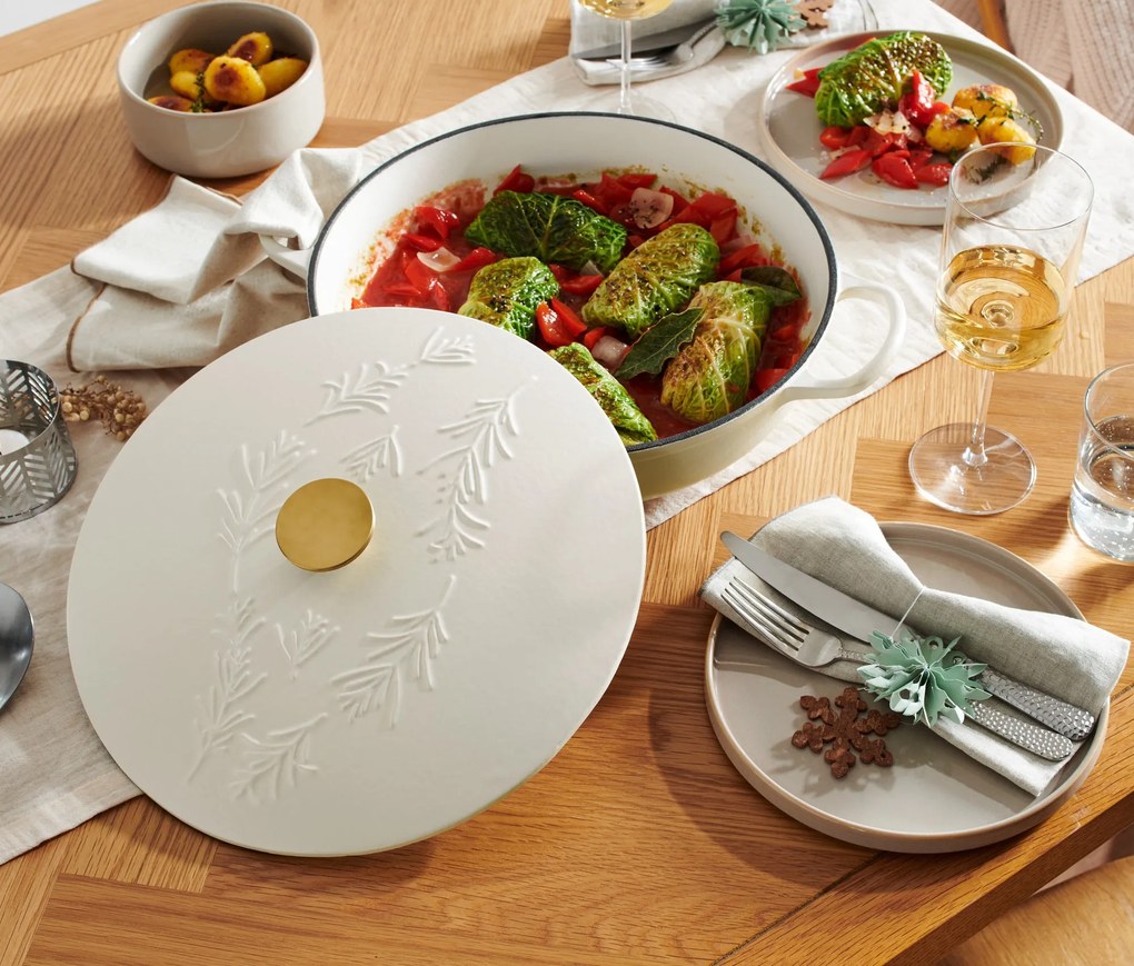 Servírovacia panvica z liatiny, biela