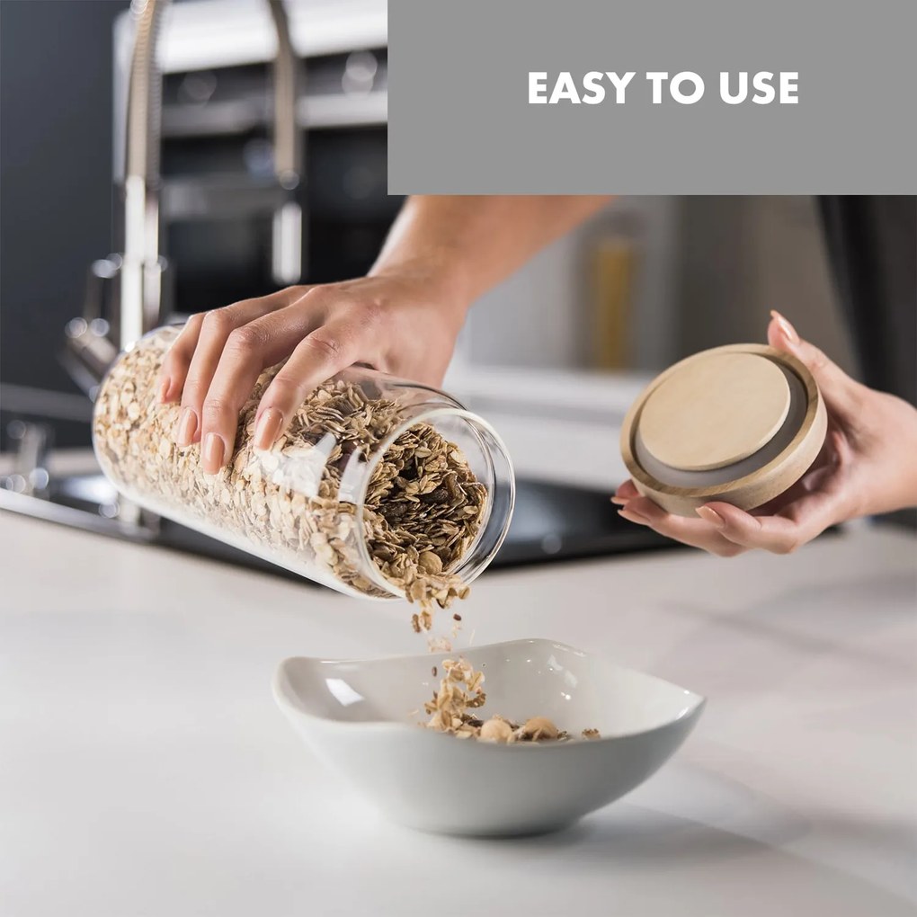 Klarstein Lovage, skladovacie dózy, 0,75, 1,1, 1,5 l, 3 dielna súprava, borosilikátové sklo, veko z akáciového dreva, silikón