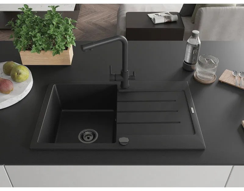 Mexen Bruno, 1-komorový granitový drez s odkvapkávačom 795x495x200 mm a čierna batéria Duero, čierna, 6513-77-671600-70-B