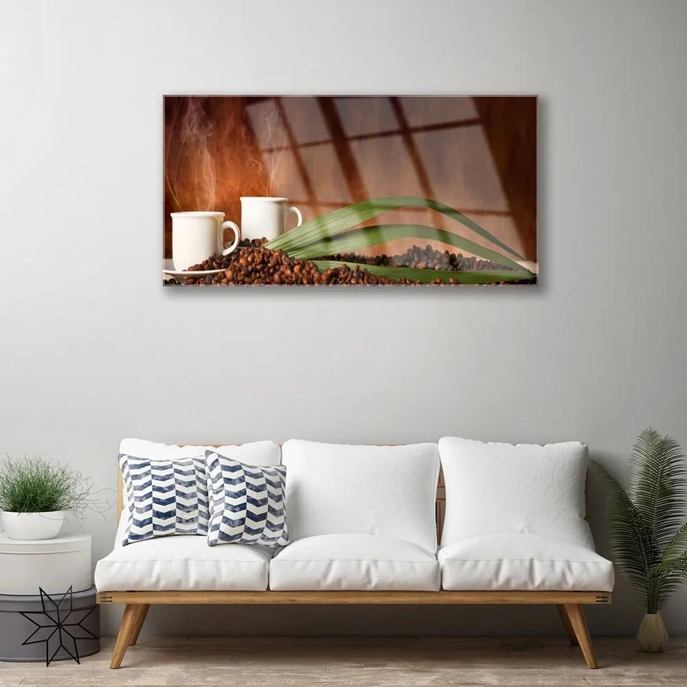 Obraz na skle Šálky káva zrnká kuchyňa 125x50 cm