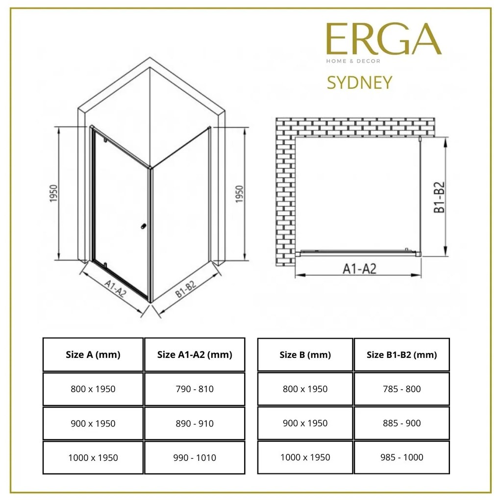 Erga Sydney, sprchový kút s 1-krídlovými dverami 90(dvere) x 90(stena) x 195 cm, 6mm číre sklo, čierny profil, ERG-V02-SYDNEY-D090G090-BK