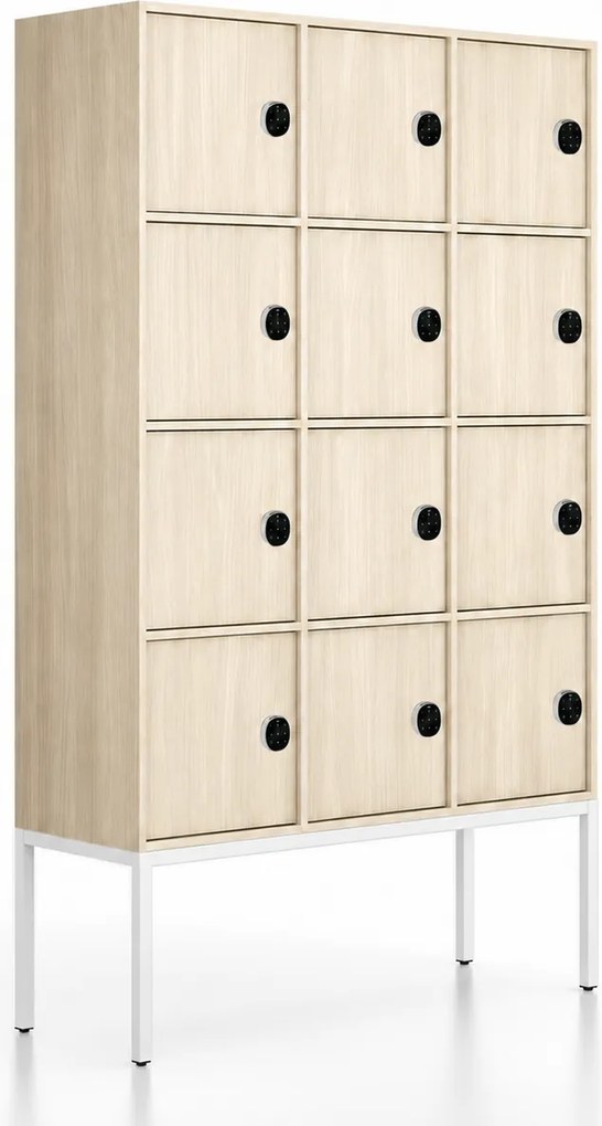 Kancelárska skriňa FRAME, biela podnož, 12x dvere, 1299 x 450 x 2185 mm, kódový zámok, dub prírodný