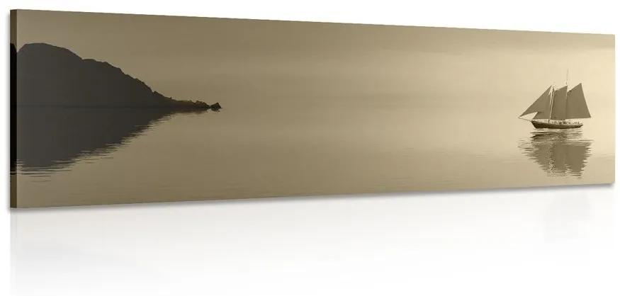 Obraz plachetnica v sépiovom prevedení - 120x40