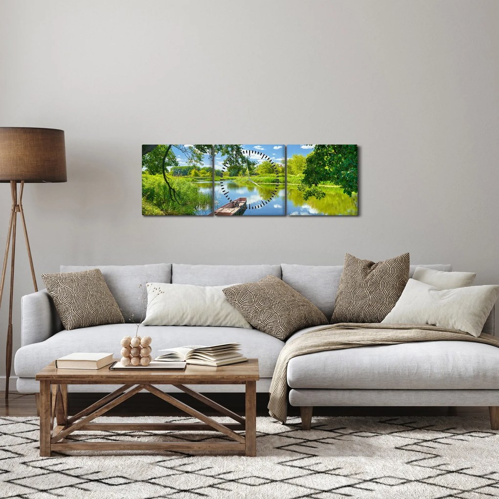 Obraz letné rieky s loďkou (s hodinami) (90x30 cm)