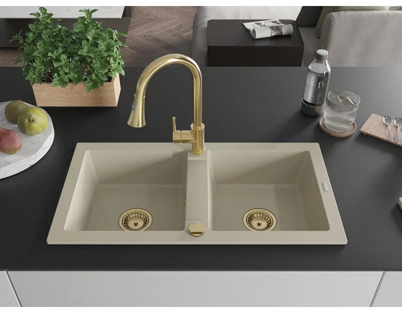 Mexen Mario, 2-komorový granitový drez 820x436x161 mm a drezová batéria Elia, béžová, 6504-69-670101-50