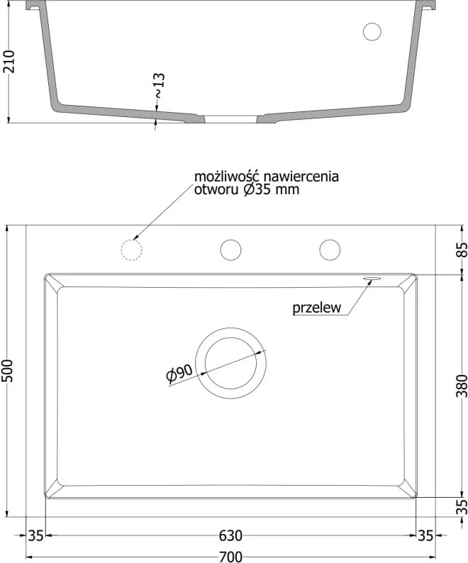 Mexen Elix granitový drez 1-komorový 700 x 500 mm, biely, sifón zlatý - 6526701005-20-G
