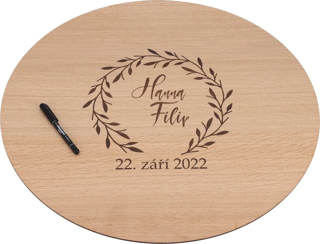 ČistéDrevo Drevená svadobná ceduľa na podpisy dub - veniec