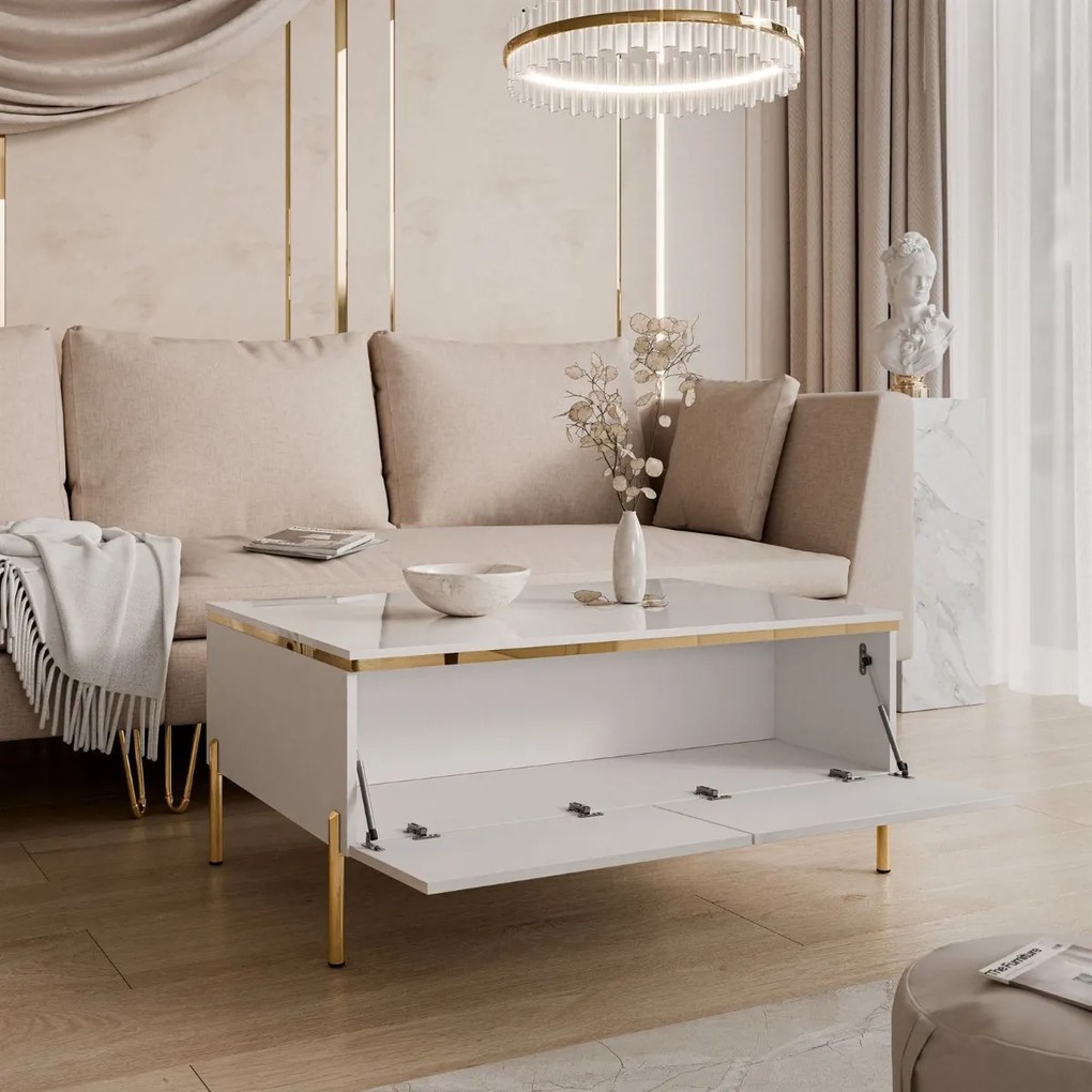 KONFERENČNÝ STOLÍK NESSIE 2 BIELY LESK + ZLATÝ 90 cm