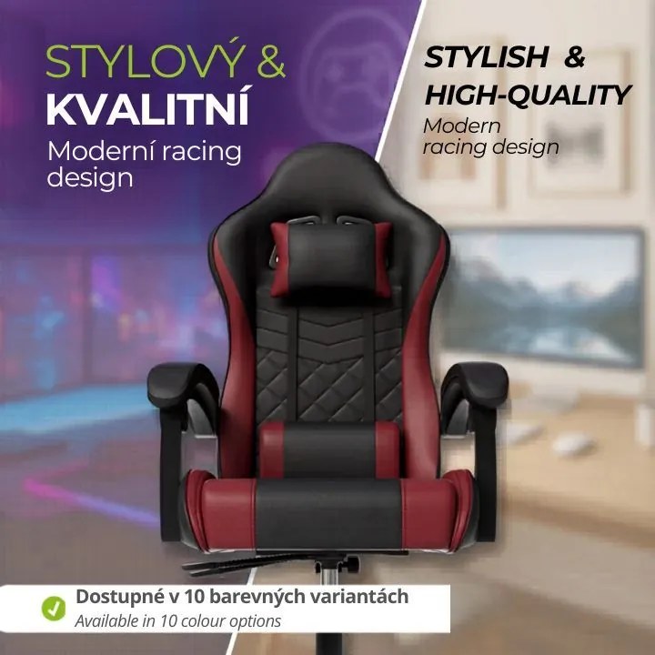 Ergonomická herná stolička, čierna/červená, vankúšiky,