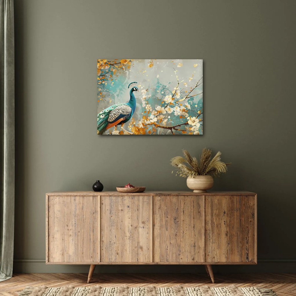 Obraz - Páv so zlatým dekorom (70x50 cm)