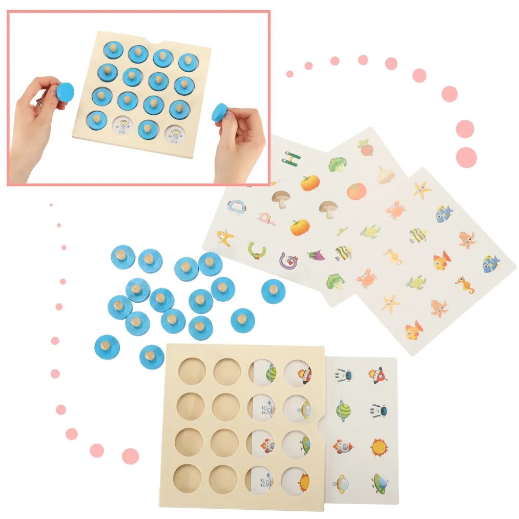 KIK Dřevěná desková hra puzzle paměť + 4 karty