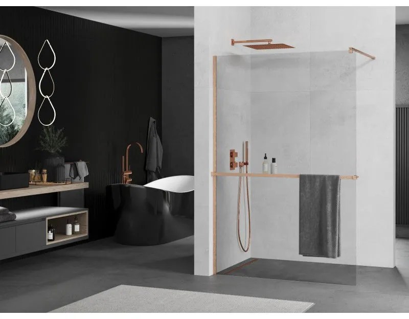 Mexen Kioto+, sprchová zástena Walk-In s poličkou a vešiakom 125 x 200 cm, 8mm číre sklo, medený matný profil, 800-125-121-65-00