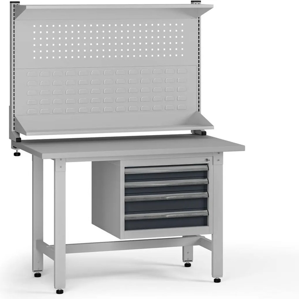 Výškovo nastaviteľný dielenský stôl G5 s nadstavbou, 1200 x 750 x 800-1000 mm, 1x kontajner, 4 zásuvky, grafit