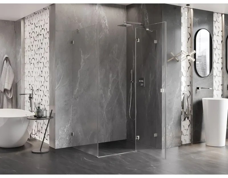 Mexen Lunar, pravostranný výklopný sprchový kút 75 x 90 cm, 8mm číre sklo, oceľový profil, 834-075-090-97-00-P