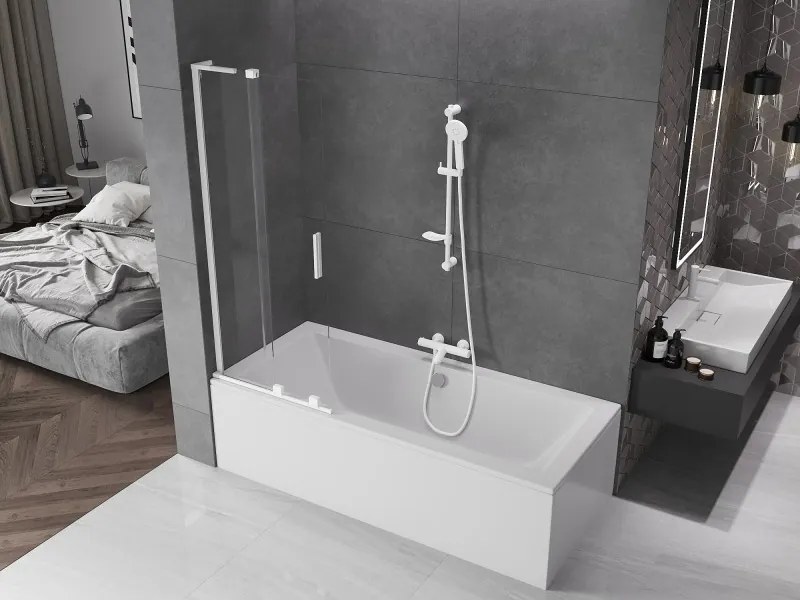 Mexen Velar L, 2-krídlová posuvná vaňová zástena 75 x 150 cm, 8mm číre sklo, biely profil, 896-075-003-01-20