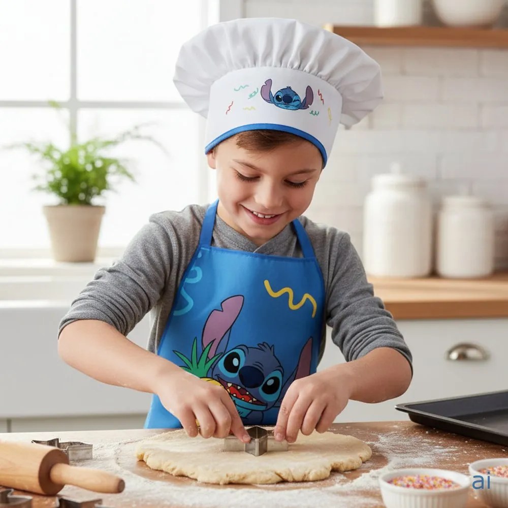 Detská zástera s kuchárskou čiapkou Stitch s ananásom – 2 diely – pre deti 3–8 rokov