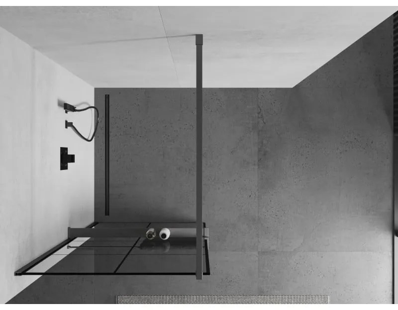 Mexen Kioto+, sprchová zástena Walk-In s poličkou a vešiakom 70 x 200 cm, 8mm číre sklo čierny vzor, grafitový profil, 800-070-121-95-77
