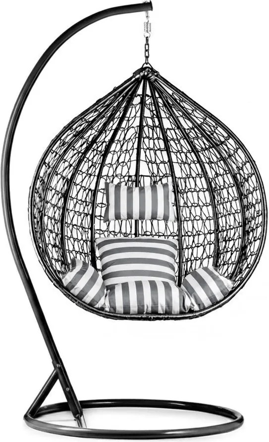 Čierne závesné kreslo KOKON so stojanom, bielo-sivý vankúš