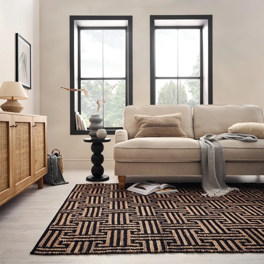 Čierny/v prírodnej farbe ručne tkaný koberec s prímesou juty 200x290 cm Meander Jute – Flair Rugs