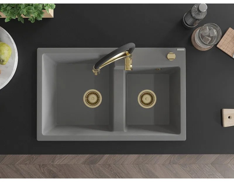 Mexen Tomas, 2-komorový granitový drez 800x500x190 mm a drezová batéria Aster, šedá, 6516-71-73450-57-G