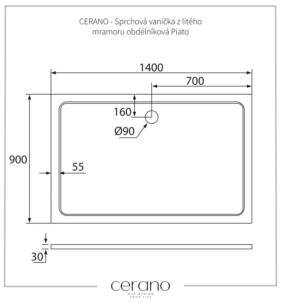 Cerano Piato, obdĺžniková sprchová vanička z liateho mramoru 140x90x3 cm, biela matná, CER-CER-476981