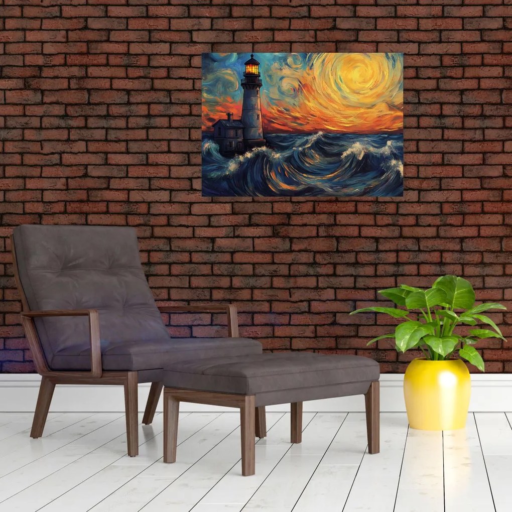 Sklenený obraz - Maják vo vlnách (70x50 cm)
