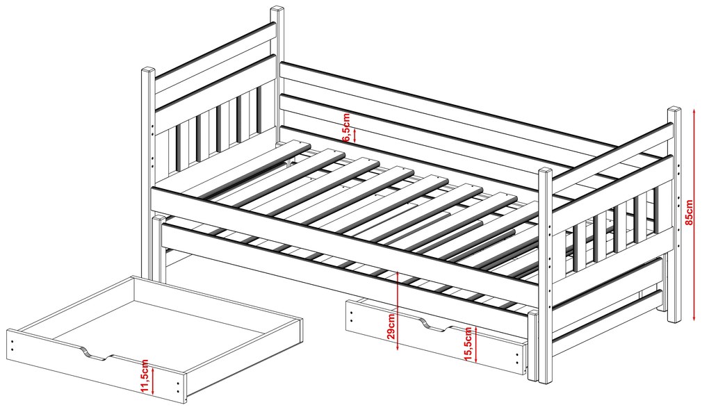 Detská posteľ z masívu borovice DAN s prístelkou a šuplíky - 200x90 cm - prírodná