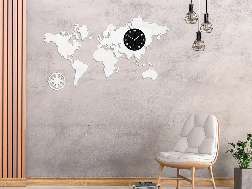 3D nalepovacie hodiny Mapa sveta biele