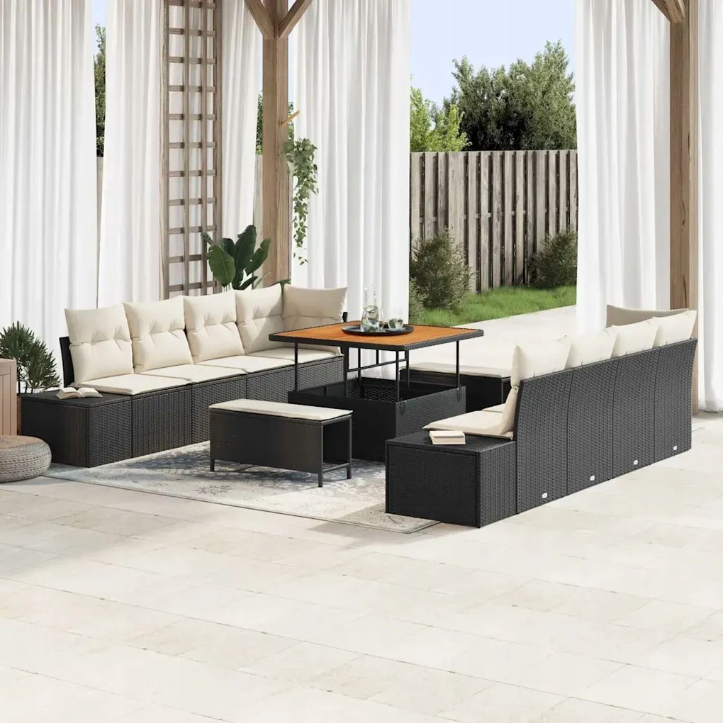 vidaXL 11-kusová súprava záhradného gauču s vankúšmi, čierny poly ratan, ak