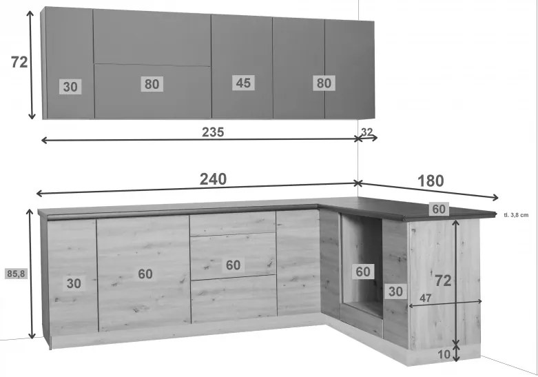 Rohová kuchynská linka Langen 240x180cm